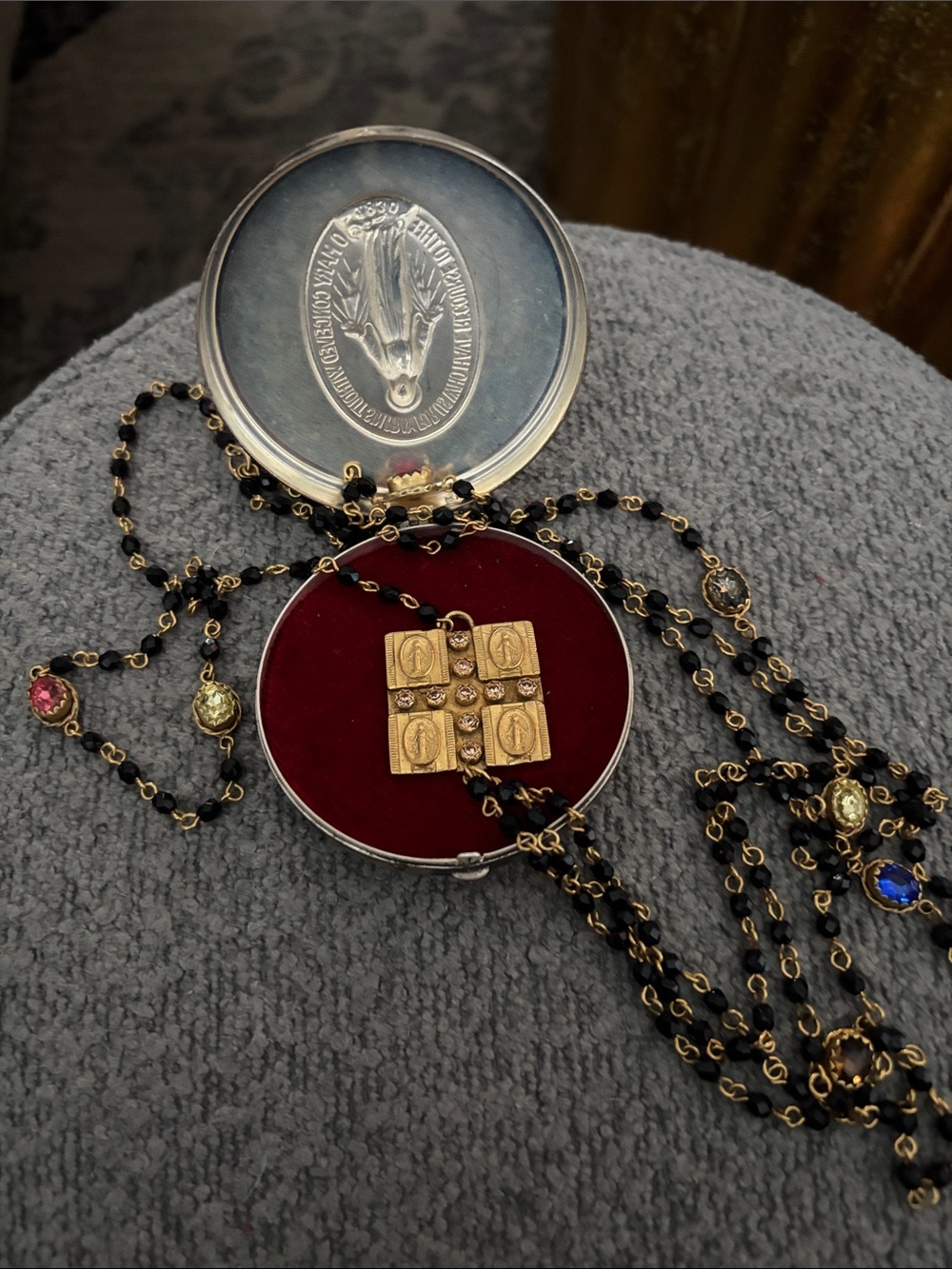 Virgins Saints & Angels Black Bead Multi-Gem Rosary Necklace with Gold Accents